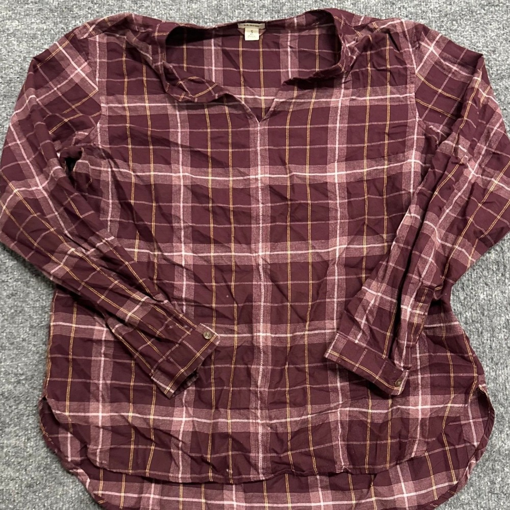 L.L.Bean Tunic Top Womens Size S Burgundy Plaid Cotton Split Neck Long Sleeve